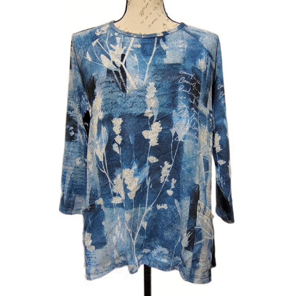 Jess & Jane Mariposa Tunic Top Blue Medium Patch Pockets Bold Floral Lagenlook
